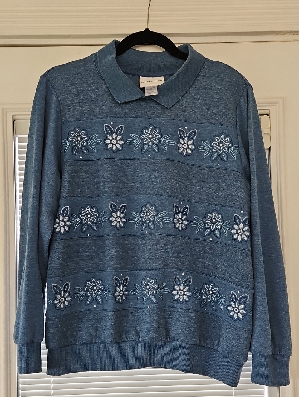 Alfred Dunner Blue Floral Embroidered Polo Neck Sweater